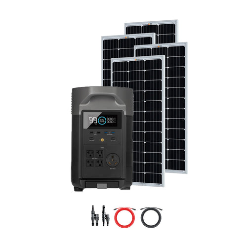 The Ecoflow portable power station, shown with a digital display in front of three solar panels, includes two connection cables and two connector adapters neatly arranged below the unit—making it ideal for solar generator use.