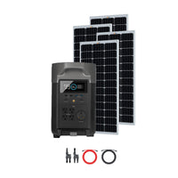 The Ecoflow portable power station, shown with a digital display in front of three solar panels, includes two connection cables and two connector adapters neatly arranged below the unit—making it ideal for solar generator use.