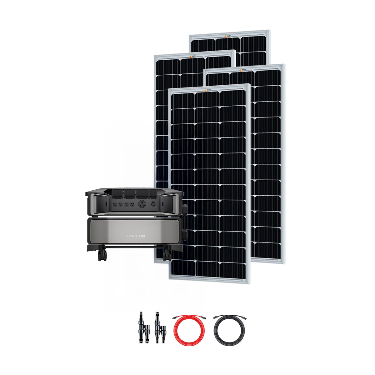 The EcoFlow solar kit includes four black panels, a DELTA Pro portable power station, two cables (red and black), and two plug adapters—perfect for backup power needs. All items are neatly displayed on a white background.