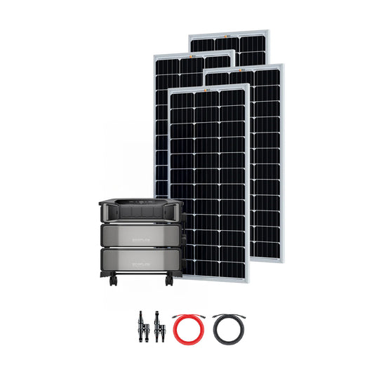 An Ecoflow solar kit for off-grid living: four panels, three stacked black Ecoflow DELTA Pro Ultra power storage units, two cables (red and black), and several connectors arranged neatly on a white background.