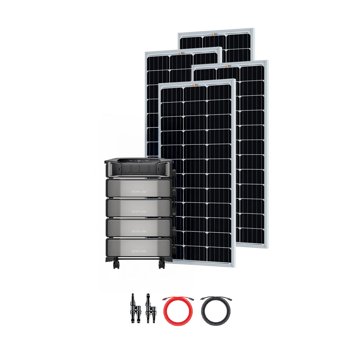 Four solar panels stand behind an EcoFlow DELTA Pro Ultra battery power station. Below them are two pairs of black connectors and coiled red and black extension cables—a complete EcoFlow off-grid solar kit set against a white background.