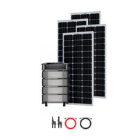 Four solar panels stand behind an EcoFlow DELTA Pro Ultra battery power station. Below them are two pairs of black connectors and coiled red and black extension cables—a complete EcoFlow off-grid solar kit set against a white background.