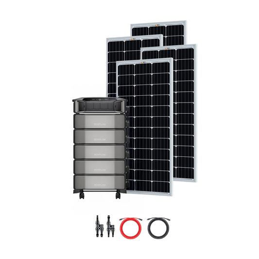 Four EcoFlow solar panels, a DELTA Pro Ultra battery on wheels, two cables (red and black), and connectors are displayed on a white background—ideal for a home backup power solar kit.