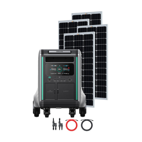 The Zendure SuperBase V4600 portable power station, branded by Zendure, has a digital display, wheels, cables, and four large solar panels behind it, all set against a white background.