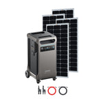 Anker’s portable SOLIX F3800 power station is displayed on wheels in front of three upright solar panels, showcasing an off-grid energy solution with black and red cables and connectors arranged on the ground.