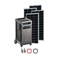 Anker’s portable SOLIX F3800 power station is displayed on wheels in front of three upright solar panels, showcasing an off-grid energy solution with black and red cables and connectors arranged on the ground.