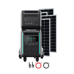 The Zendure SuperBase V4600 solar kit includes a portable wheeled unit, battery, three solar panels, and all cables—perfect for off-grid homes—shown on a white background.