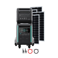 The Zendure SuperBase V4600 solar kit includes a portable wheeled unit, battery, three solar panels, and all cables—perfect for off-grid homes—shown on a white background.
