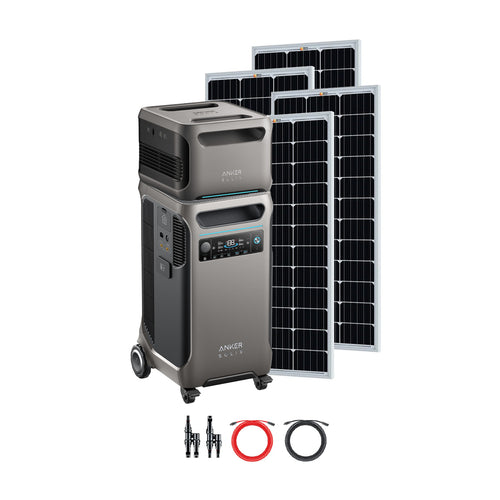 The Anker SOLIX F3800 portable power station with wheels, digital display, and various ports is displayed next to three solar panels and two connection cables (one black, one red) on a white background—ideal for solar power systems.
