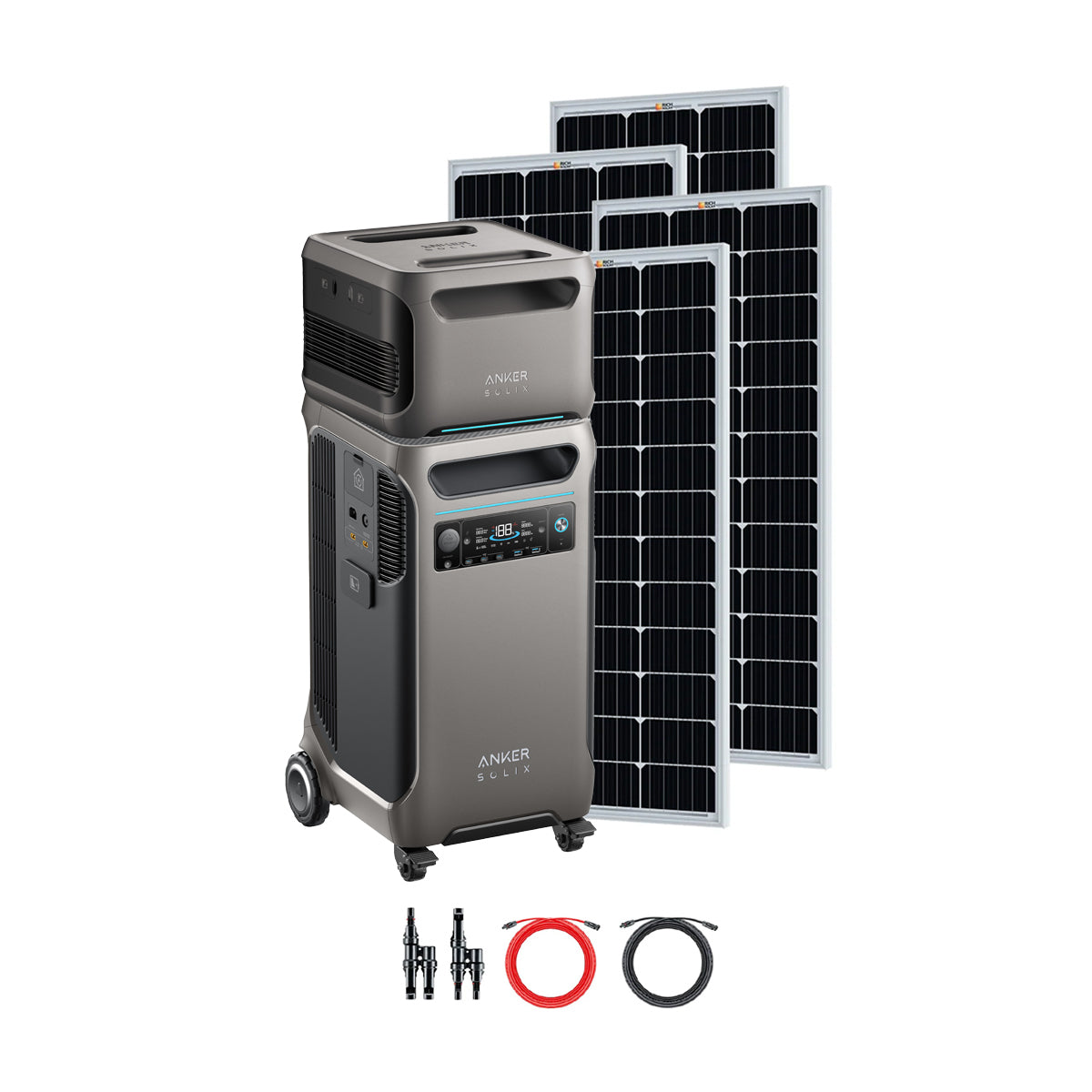 The Anker SOLIX F3800 portable power station with wheels, digital display, and various ports is displayed next to three solar panels and two connection cables (one black, one red) on a white background—ideal for solar power systems.