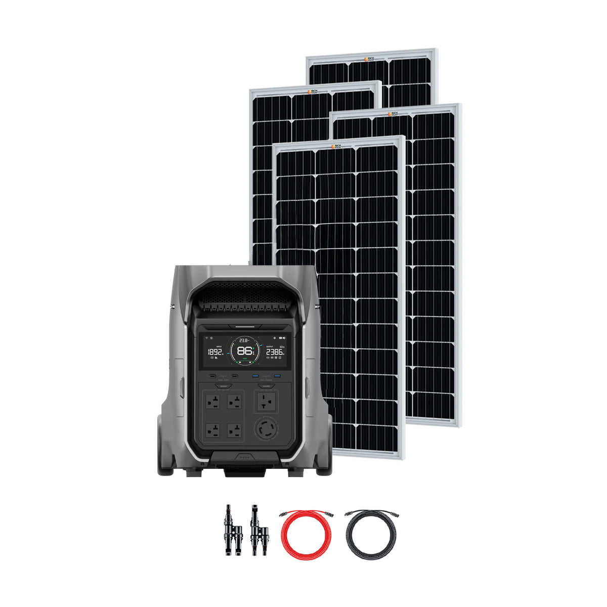 The Ecoflow portable power station, designed for off-grid living, features four outlets, a digital display, three solar panels, and two cables (one black and one red), all arranged on a white background.