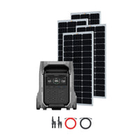 The Ecoflow portable power station, designed for off-grid living, features four outlets, a digital display, three solar panels, and two cables (one black and one red), all arranged on a white background.