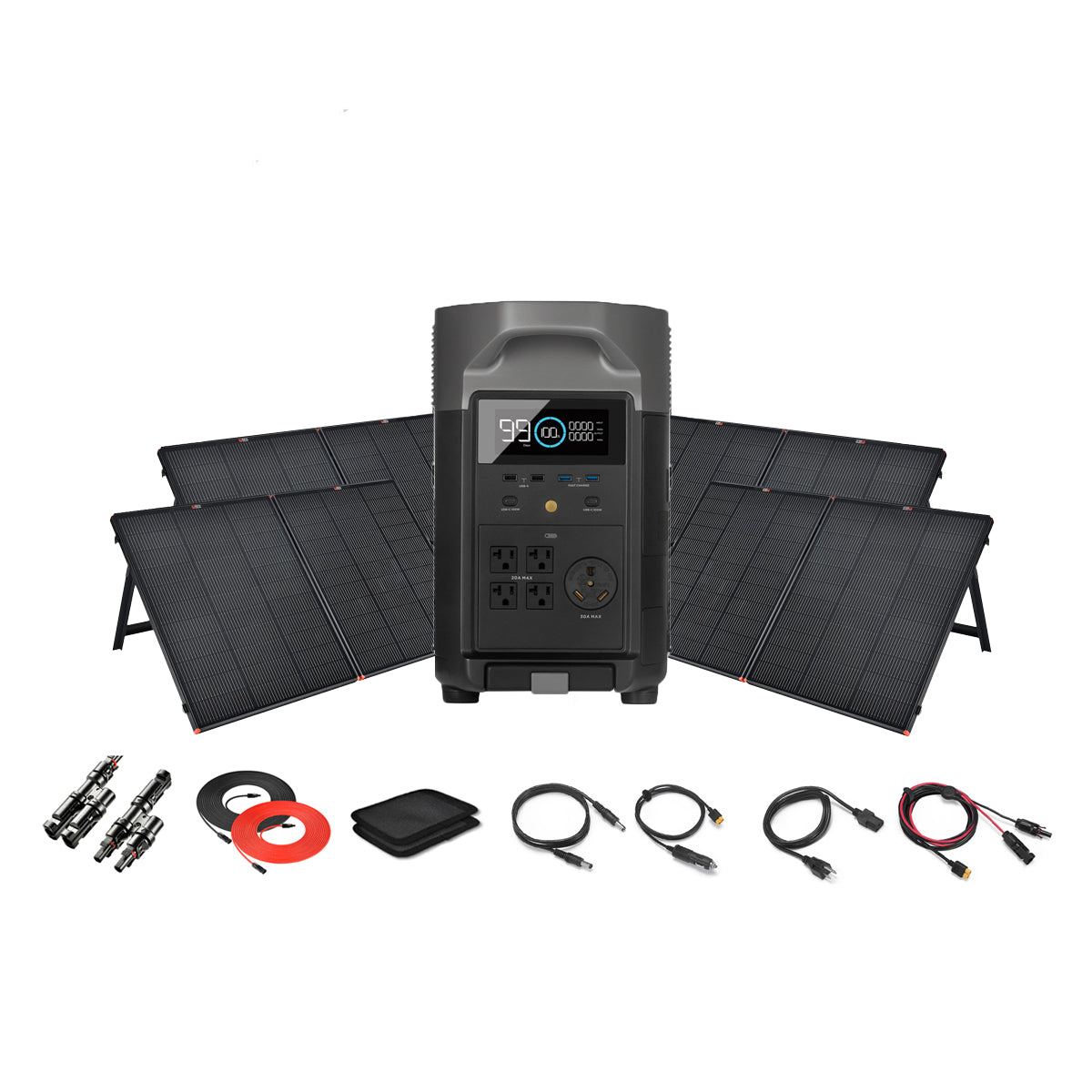 An Ecoflow portable power station with a digital display sits before four foldable solar panels, with charging cables, connectors, and accessories neatly arranged in front of the setup, all set against a white background.