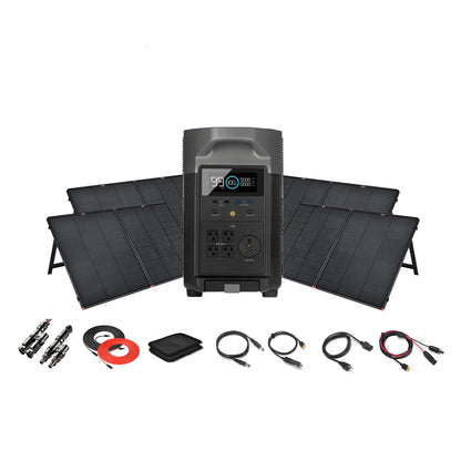 An Ecoflow portable power station with a digital display sits before four foldable solar panels, with charging cables, connectors, and accessories neatly arranged in front of the setup, all set against a white background.