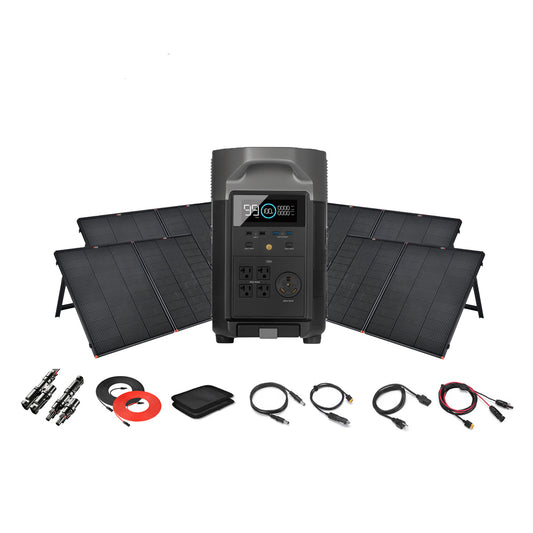 An Ecoflow portable power station with a digital display sits before four foldable solar panels, with charging cables, connectors, and accessories neatly arranged in front of the setup, all set against a white background.