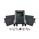 A Zendure SuperBase V4600 portable power station with digital display is surrounded by six foldable solar panels and several power cables, all neatly displayed on a white background.