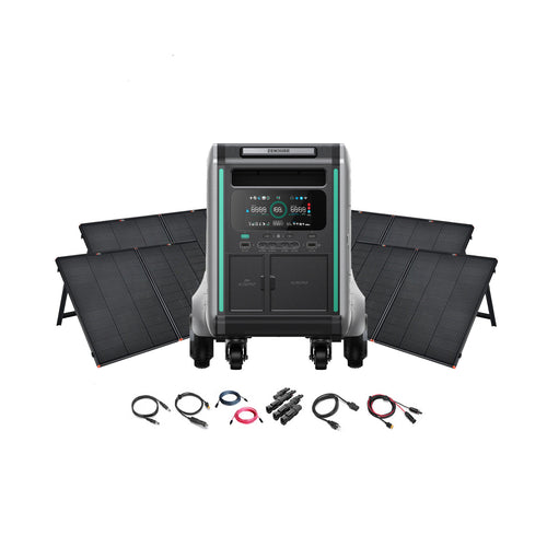 A Zendure SuperBase V4600 portable power station with digital display is surrounded by six foldable solar panels and several power cables, all neatly displayed on a white background.