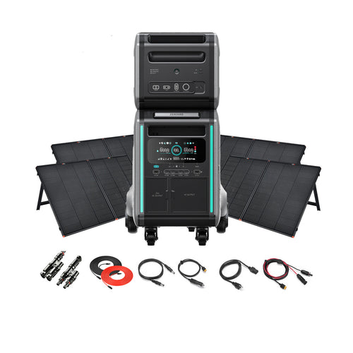 Zendure portable solar generator kit includes a SuperBase V4600 power station, four 200W portable solar panels, connection cables, adapters, and connectors—all shown on a white background.