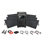 An Ecoflow portable power station with a digital display is surrounded by six foldable solar panels, charging cables, connectors, and accessories on a white background—perfect as a solar generator.