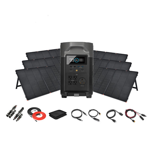 An Ecoflow portable power station with a digital display is surrounded by six foldable solar panels, charging cables, connectors, and accessories on a white background—perfect as a solar generator.