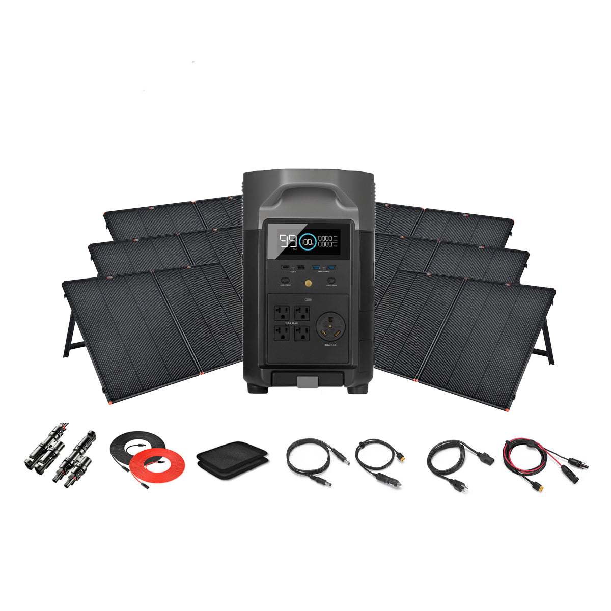An Ecoflow portable power station with a digital display is surrounded by six foldable solar panels, charging cables, connectors, and accessories on a white background—perfect as a solar generator.