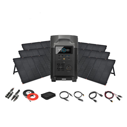 An Ecoflow portable power station with a digital display is surrounded by six foldable solar panels, charging cables, connectors, and accessories on a white background—perfect as a solar generator.