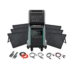 A Zendure SuperBase V4600 portable power station with a digital display is displayed in front of eight 200W Zendure portable solar panels, with various cables and charging accessories arranged on a white background.