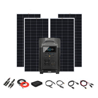 An EcoFlow Delta Pro solar generator with a digital display from EcoFlow stands before three large solar panels, with assorted cables, connectors, and accessories neatly arranged below this portable power system.