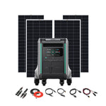 A Zendure portable power station with digital display sits before three 200W solar panels, alongside neatly arranged cables and accessories—ideal for off-grid living or a comprehensive solar kit setup.