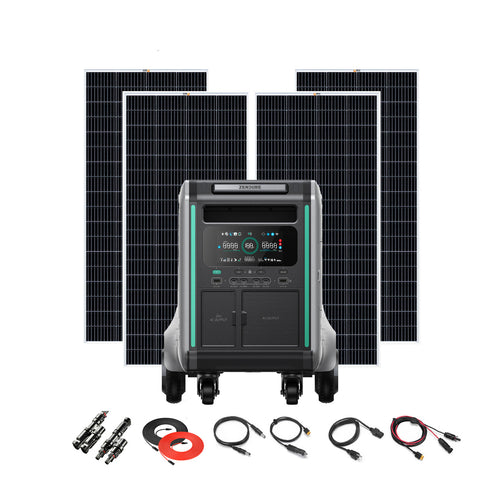 A Zendure portable power station with digital display sits before three 200W solar panels, alongside neatly arranged cables and accessories—ideal for off-grid living or a comprehensive solar kit setup.