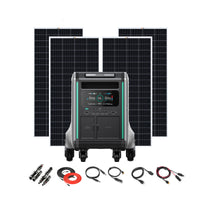 A Zendure portable power station with digital display sits before three 200W solar panels, alongside neatly arranged cables and accessories—ideal for off-grid living or a comprehensive solar kit setup.