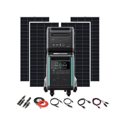 A Zendure SuperBase V4600 portable solar generator with digital display is placed before four 200W roof-mounted panels, with power cables and connectors organized below—making this Zendure kit an efficient solar solution.
