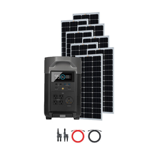 An Ecoflow portable power station, part of the Delta Pro solar generator system, is displayed on a white background with four solar panels behind it and cables and connectors arranged in front.