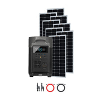 An Ecoflow portable power station, part of the Delta Pro solar generator system, is displayed on a white background with four solar panels behind it and cables and connectors arranged in front.