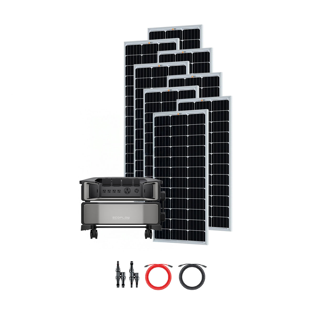 An Ecoflow portable power station sits before five large black solar panels. Below are two coiled cables—one red, one black—and two connectors, all arranged on a white background, perfect for off-grid setups.