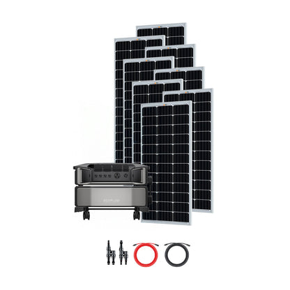 An Ecoflow portable power station sits before five large black solar panels. Below are two coiled cables—one red, one black—and two connectors, all arranged on a white background, perfect for off-grid setups.