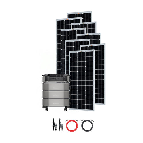 Six large solar panels stand upright behind an Ecoflow DELTA Pro stackable battery power station, with two connector cables and adapters in front—an ideal Ecoflow solar kit for reliable off-grid energy, all set against a white background.