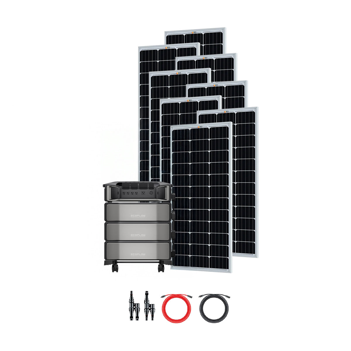 Six large solar panels stand upright behind an Ecoflow DELTA Pro stackable battery power station, with two connector cables and adapters in front—an ideal Ecoflow solar kit for reliable off-grid energy, all set against a white background.
