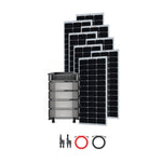 Six upright Ecoflow solar panels stand behind an Ecoflow DELTA Pro Ultra power station, creating a complete solar kit. In front, two pairs of connectors and red and black coiled cables are displayed on a white background.