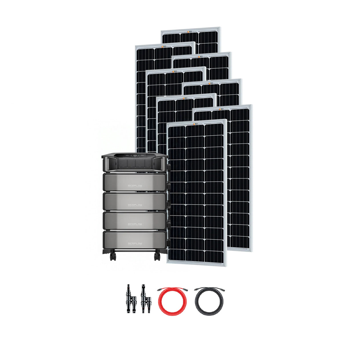 Six upright Ecoflow solar panels stand behind an Ecoflow DELTA Pro Ultra power station, creating a complete solar kit. In front, two pairs of connectors and red and black coiled cables are displayed on a white background.
