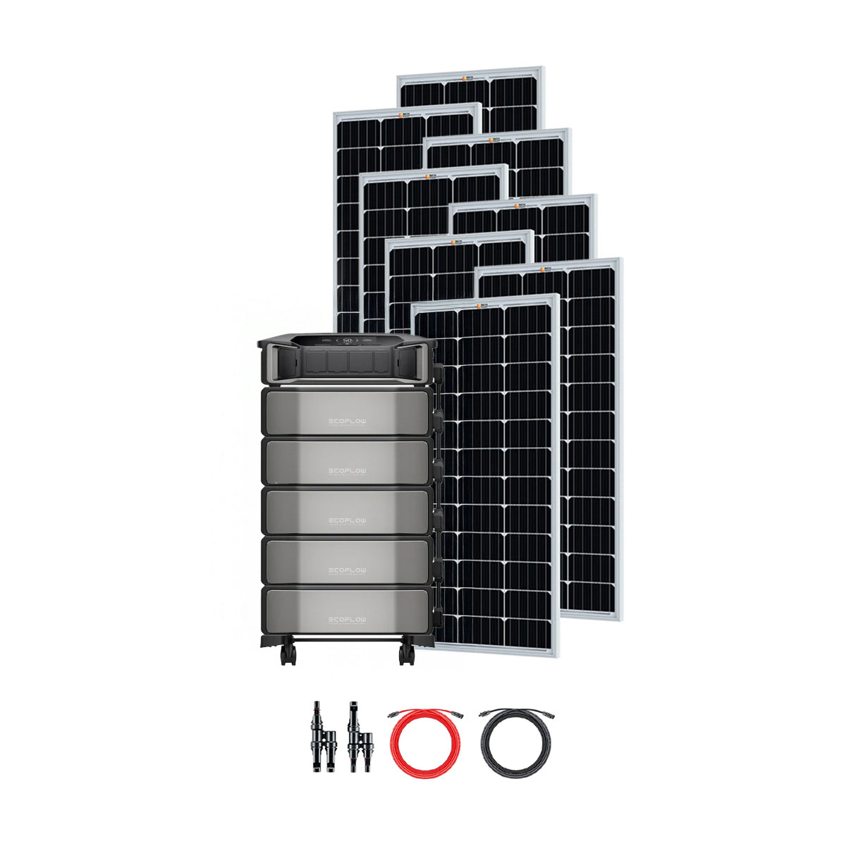 The EcoFlow DELTA Pro stackable battery system on wheels is displayed with six solar panels, connection cables, and adapters neatly arranged in front—all set against a white background.