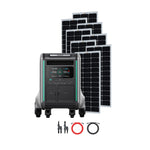 The Zendure SuperBase V4600 portable power station with display and control panel is positioned in front of six vertical solar panels, with red and black connecting cables neatly arranged before the unit.