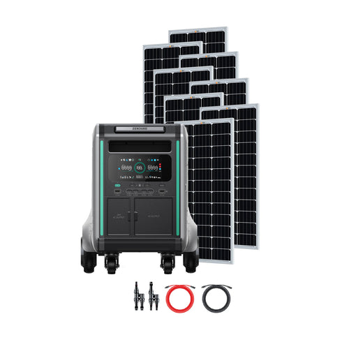 The Zendure SuperBase V4600 portable power station with display and control panel is positioned in front of six vertical solar panels, with red and black connecting cables neatly arranged before the unit.