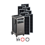 The Anker SOLIX F3800 portable power station features a display, control buttons, six solar panels in a row, and two cable sets—delivering reliable off-grid power, all shown on a white background.