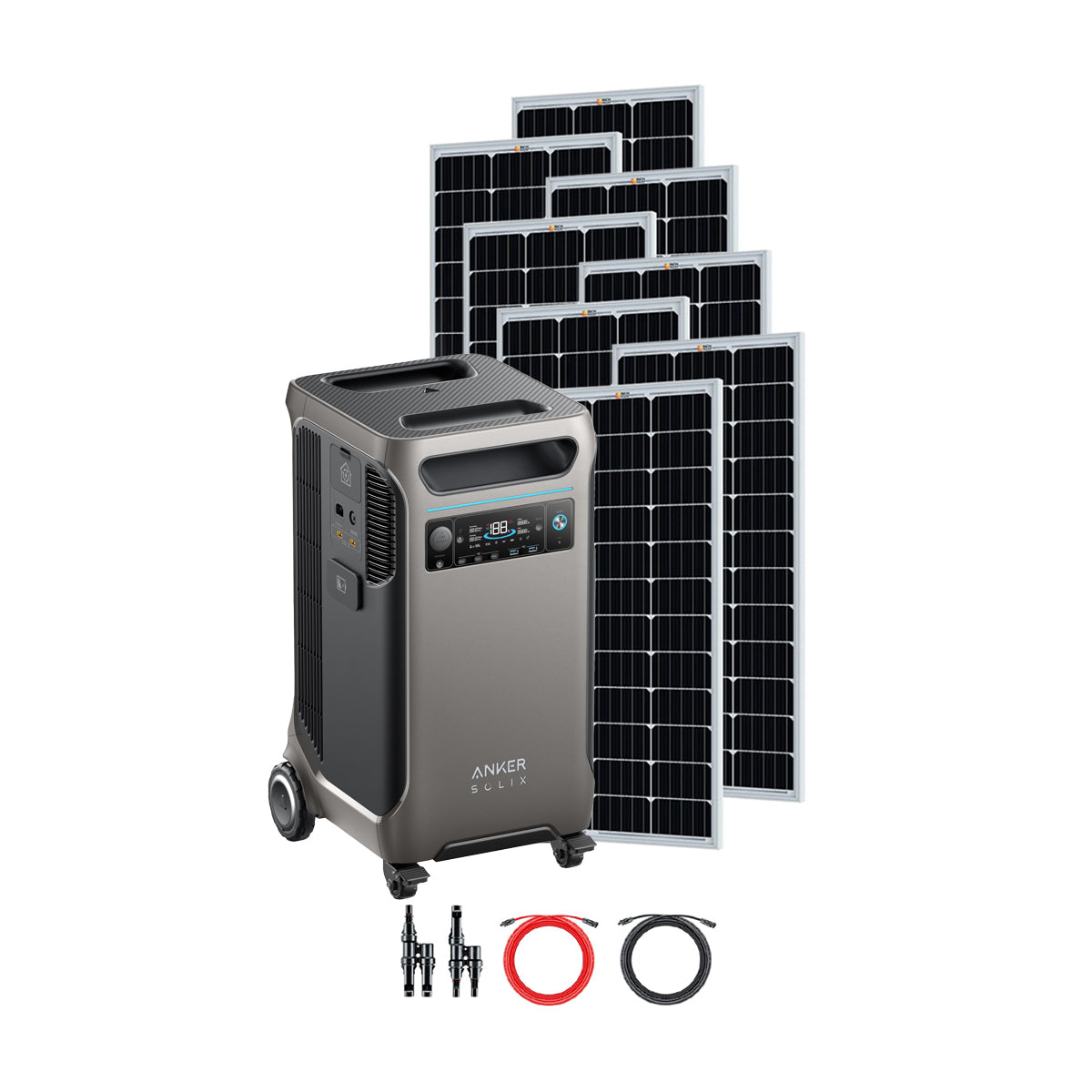 The Anker SOLIX F3800 portable power station features a display, control buttons, six solar panels in a row, and two cable sets—delivering reliable off-grid power, all shown on a white background.