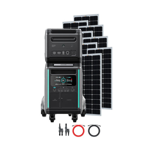 Zendure SuperBase V4600 portable power station, featuring a digital display, two stacked batteries, cables, connectors, and six solar panels—an ideal Zendure solar kit for off-grid homes—arranged on a white background.