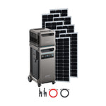 An Anker portable power station with wheels is displayed in front of six solar panels, highlighting its suitability for off-grid living. Red and black cables with connectors are placed underneath, showcasing this efficient Anker solar power system.