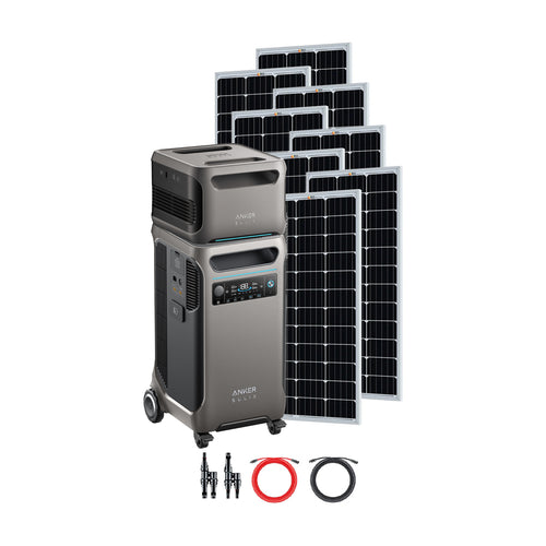 An Anker portable power station with wheels is displayed in front of six solar panels, highlighting its suitability for off-grid living. Red and black cables with connectors are placed underneath, showcasing this efficient Anker solar power system.