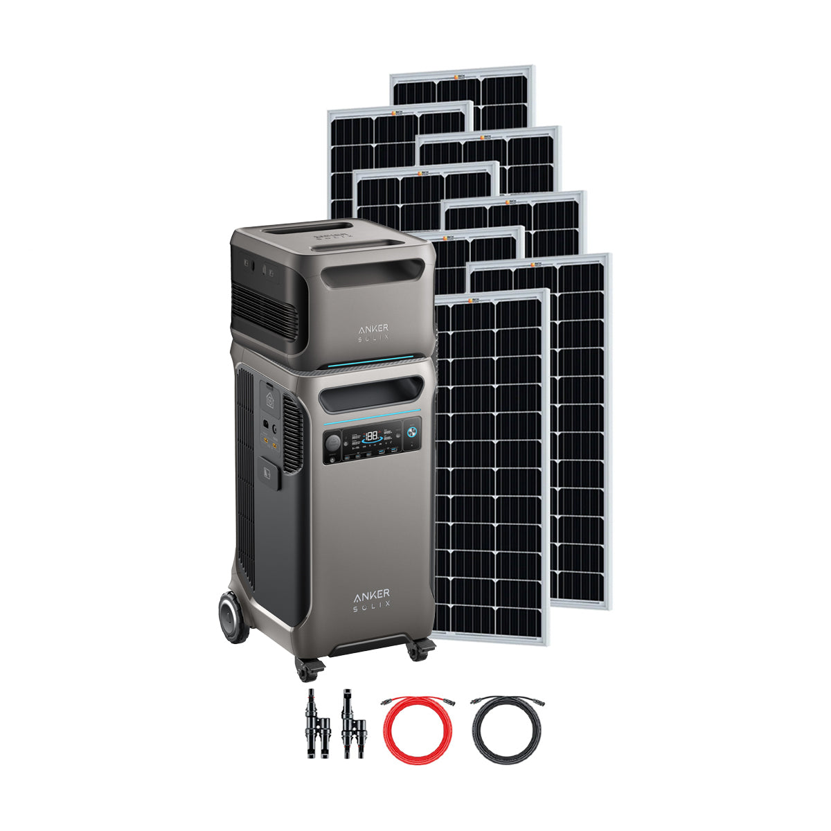 An Anker portable power station with wheels is displayed in front of six solar panels, highlighting its suitability for off-grid living. Red and black cables with connectors are placed underneath, showcasing this efficient Anker solar power system.