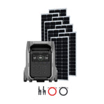 An Ecoflow DELTA Pro portable power station is shown with six large solar panels, featuring multiple outlets. Two sets of cables, one red and one black, are placed at the bottom, highlighting a complete Ecoflow solar power system.
